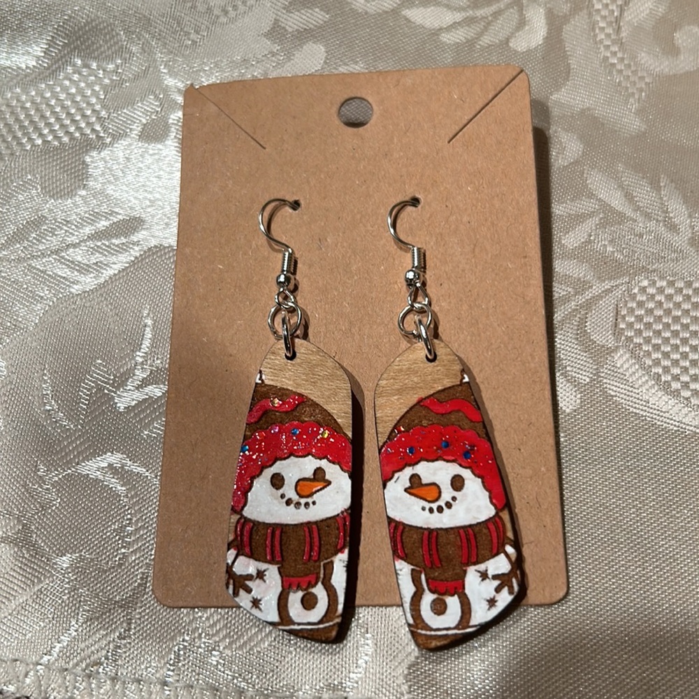Handmade Wooden Snowman Christmas Dangle Earrings Hand Painted Winter Holiday - Picture 6 of 8